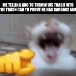 . | ME TELLING BRO TO THROW HIS TRASH INTO THE TRASH CAN TO PROVE HE HAS GARBAGE AIM: | image tagged in funny,funny memes | made w/ Imgflip meme maker