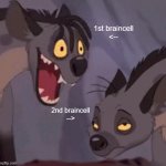 me | 1st braincell
<--; 2nd braincell
--> | image tagged in hyena tlk bored,hyena,lion king | made w/ Imgflip meme maker