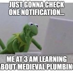 Doomscrolling Kermit | JUST GONNA CHECK ONE NOTIFICATION... ME AT 3 AM LEARNING ABOUT MEDIEVAL PLUMBING | image tagged in kermit looks at laptop | made w/ Imgflip meme maker