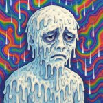 cursed, human, raining white rain, human covered in white cream,