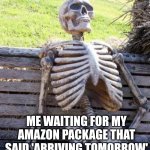 Waiting Skeleton | ME WAITING FOR MY AMAZON PACKAGE THAT SAID 'ARRIVING TOMORROW'; IT'S BEEN 20 YEARS | image tagged in memes,waiting skeleton | made w/ Imgflip meme maker