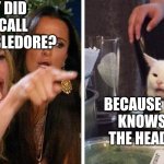 Smudge that darn cat with Karen | WHY DID YOU CALL ME DUMBLEDORE? BECAUSE EVERYONE KNOWS YOU'RE THE HEADMASTER | image tagged in smudge that darn cat with karen | made w/ Imgflip meme maker