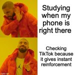 Matching Law-ABA Fun | Studying when my phone is right there; Checking TikTok because it gives instant reinforcement | image tagged in memes,drake hotline bling | made w/ Imgflip meme maker