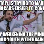 crazy conspiracy | ITALY IS TRYING TO MAKE AMERICANS EASIER TO CONQUER; BY WEAKENING THE MINDS OF OUR YOUTH WITH BRAINROT | image tagged in crazy conspiracy | made w/ Imgflip meme maker