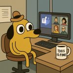 the classic “This is Fine” dog, but instead of a burning room, h