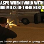 Wasps, God I Hate Them! | WASPS WHEN I WALK WITHIN 100 MILES OF THEIR NESTS: | image tagged in gang war,memes,wasp,funny | made w/ Imgflip meme maker
