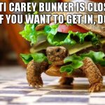 upvote so people can see it | THE ANTI CAREY BUNKER IS CLOSING IN 3 DAYS, IF YOU WANT TO GET IN, DO IT NOW | image tagged in tortoise sandwich | made w/ Imgflip meme maker