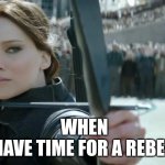hunger games | WHEN YOU HAVE TIME FOR A REBELLION | image tagged in hunger games | made w/ Imgflip meme maker