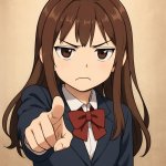 Anime girl pointing at camera while looking disapprovingly