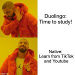 duolingo | Duolingo: 

Time to study! Native: 

Learn from TikTok and Youtube | image tagged in memes,drake hotline bling | made w/ Imgflip meme maker