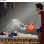 Prince charming pours water on sleeping beauty