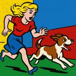 a blonde woman running after a dog