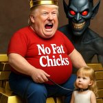 Donald Trump Satan laughing pile of gold girl on leash