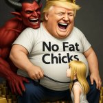 Donald Trump Satan laughing pile of gold girl on leash