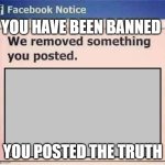 Facebook Banned TRUTH | YOU HAVE BEEN BANNED; YOU POSTED THE TRUTH | image tagged in facebook,truth,banned | made w/ Imgflip meme maker