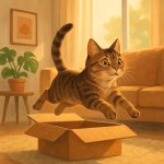 A cat jumping out of a cardboard box in the lounge