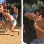 girls figthing with guy smoking bong behind