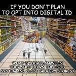 Grocery cart in aisle | IF YOU DON'T PLAN TO OPT INTO DIGITAL ID; WHAT'S YOUR PLAN WHEN THEY SHUT DOWN THE FOOD SYSTEM AND CLOSE GROCERY STORES? | image tagged in grocery cart in aisle | made w/ Imgflip meme maker