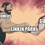 Happy Early 25th Anniversary to Linkin Park's 'Hybrid Theory' | GUNDAM; TRANSFORMERS; LINKIN PARK | image tagged in manly handshake,memes,music,rock music,heavy metal,anime | made w/ Imgflip meme maker