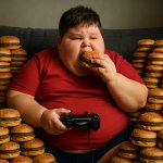 A obese kid playing on a PlayStation while eating 100 big macs