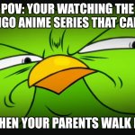 Duolingo serious face meme | POV: YOUR WATCHING THE DUOLINGO ANIME SERIES THAT CAME OUT; WHEN YOUR PARENTS WALK IN: | image tagged in duolingo serious face meme bc yes | made w/ Imgflip meme maker