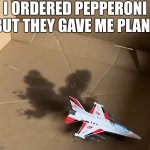 I ordered pepperoni but they gave me plane | I ORDERED PEPPERONI BUT THEY GAVE ME PLANE | image tagged in plane in pizza box,plane,pizza,airplane,random,pun | made w/ Imgflip meme maker