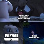 Toothless presents himself | ME COMES UP WITH A CRAZY THEORY AND POSTS IT ON YOUTUBE; MY BRAIN BEFORE I PUT IT UP; EVERYONE WATCHING | image tagged in toothless presents himself | made w/ Imgflip meme maker
