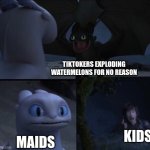 How to train your dragon 3 | TIKTOKERS EXPLODING WATERMELONS FOR NO REASON; KIDS; MAIDS | image tagged in how to train your dragon 3 | made w/ Imgflip meme maker