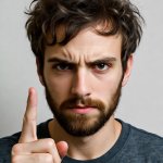 Angry militant atheist finger-pointing in air