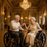 elderly couple in wheelchairs "dancing" in an ornate ballroom