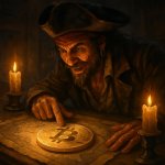 Pirate looking the map with candles and find a big gold Bitcoin