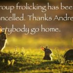Group frolicking has been cancelled. Thanks Andrew.