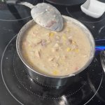 Chicken, corn, chowder, potatoes, onion, garlic, con gravy