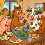 farm animals eating dinner and having a conversation like humans
