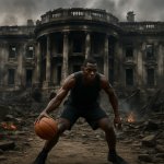 black man plays basketball in the burned-out ruins of the White