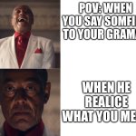 Gus Laughing then Serious | POV: WHEN YOU SAY SOMFING TO YOUR GRAMAR; WHEN HE REALICE WHAT YOU MEAN | image tagged in gus laughing then serious | made w/ Imgflip meme maker