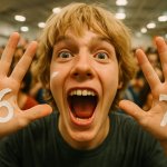 A young person with medium-length, messy blonde hair and a wide,