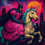 batman with a pink princess dress on riding a unicorn