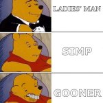 caste | LADIES' MAN; SIMP; GOONER | image tagged in tuxedo on top winnie the pooh 3 panel | made w/ Imgflip meme maker