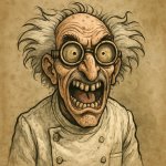 Weird face of mad scientist