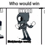 who would win? make your answer in the comments! | ROBOT WHO HAS THE POWER OF 1,000,70 MEN; INK BOI; BRAINROT ORCA; orcalero orcala                       Blot(dandys world)                       Jenny wakeman(xj9 | image tagged in 3x who would win | made w/ Imgflip meme maker