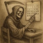 Grim Reaper with a calendar (la Muerte mirando un calendario) o