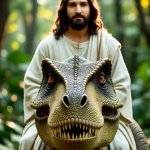 Jesus riding a dinosaur tyrannosaurus rex