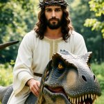Jesus riding a dinosaur tyrannosaurus rex