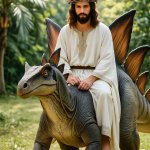 Jesus riding a dinosaur stegosaurus