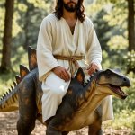 Jesus riding a dinosaur stegosaurus