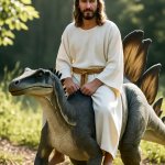 Jesus riding a dinosaur stegosaurus