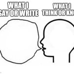person thinking | WHAT I SAY OR WRITE; WHAT I THINK OR KNOW | image tagged in person thinking | made w/ Imgflip meme maker