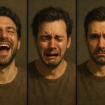 man laughing then crying then frowning