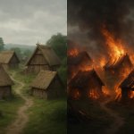 two identical villages but one side its on fire and ruined